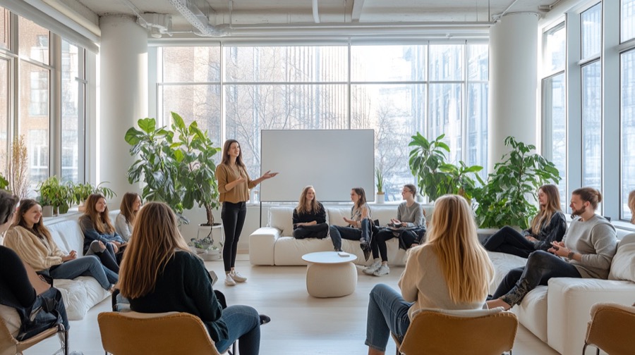 Präsentation vor einer Gruppe in einem hellen Büro