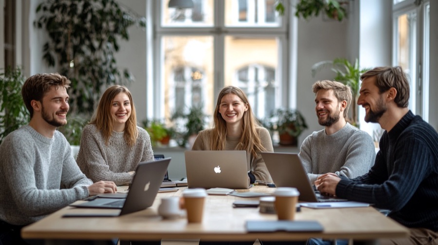 Team sitzt mit Laptops am Besprechungstisch