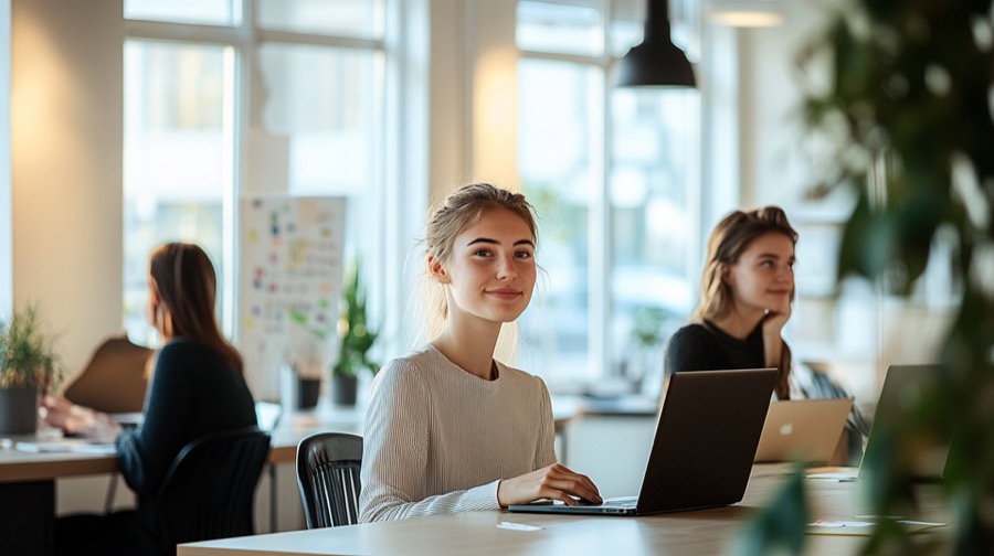 Zwei Personen arbeiten an Laptops in einem Büro