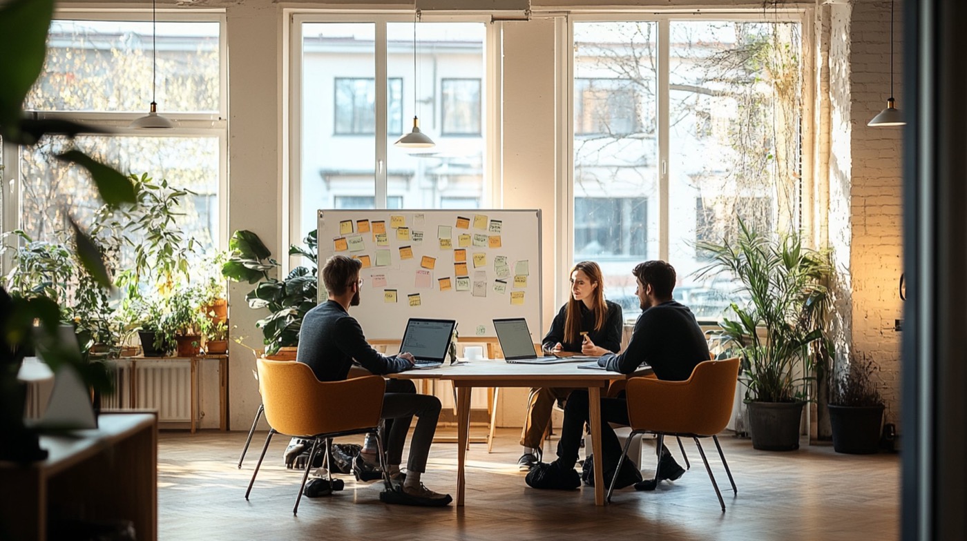 Team arbeitet gemeinsam an einem Tisch in einem hellen Büro